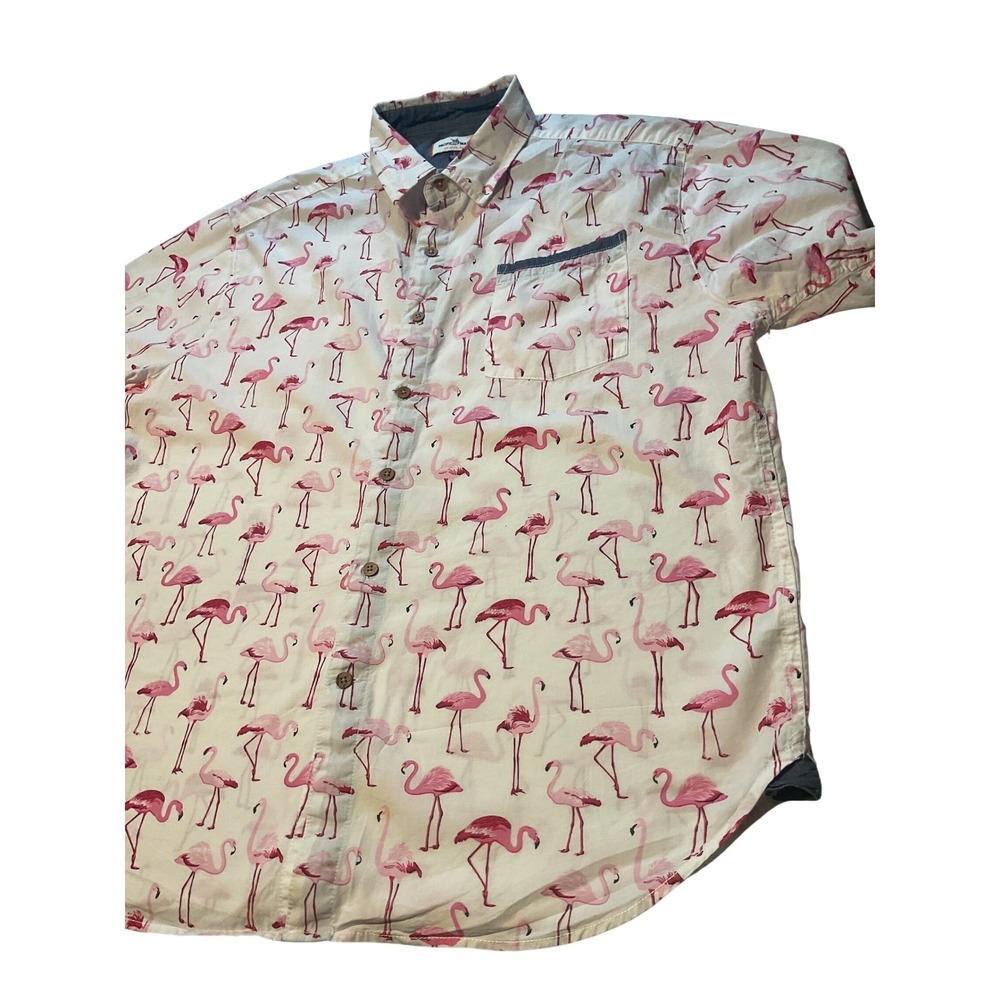 Pacific Marlin Flamingo Print Short Sleeve Button Up Shirt Mens L